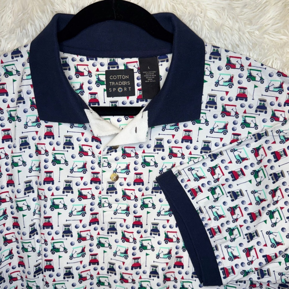 Cotton Traders Sport Polo Shirt Mens Large White‎ Blue Red Golf Cart Print